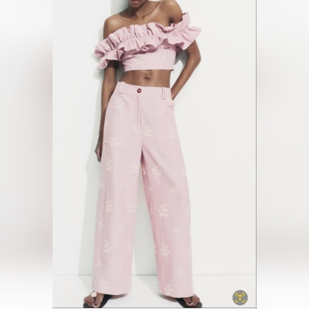 Zara Embroidered Linen Viscose blend High waisted pants